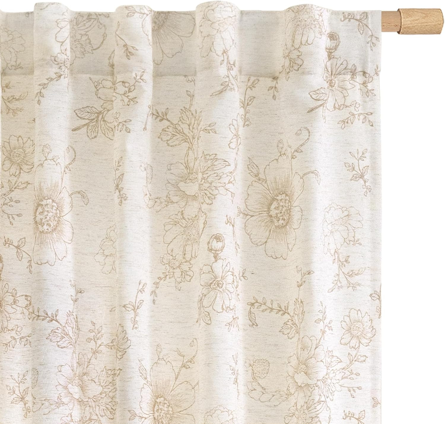 LAMIT Beige Floral Linen Curtains 63 Inch Length, Light Filtering Bedroom Drapes