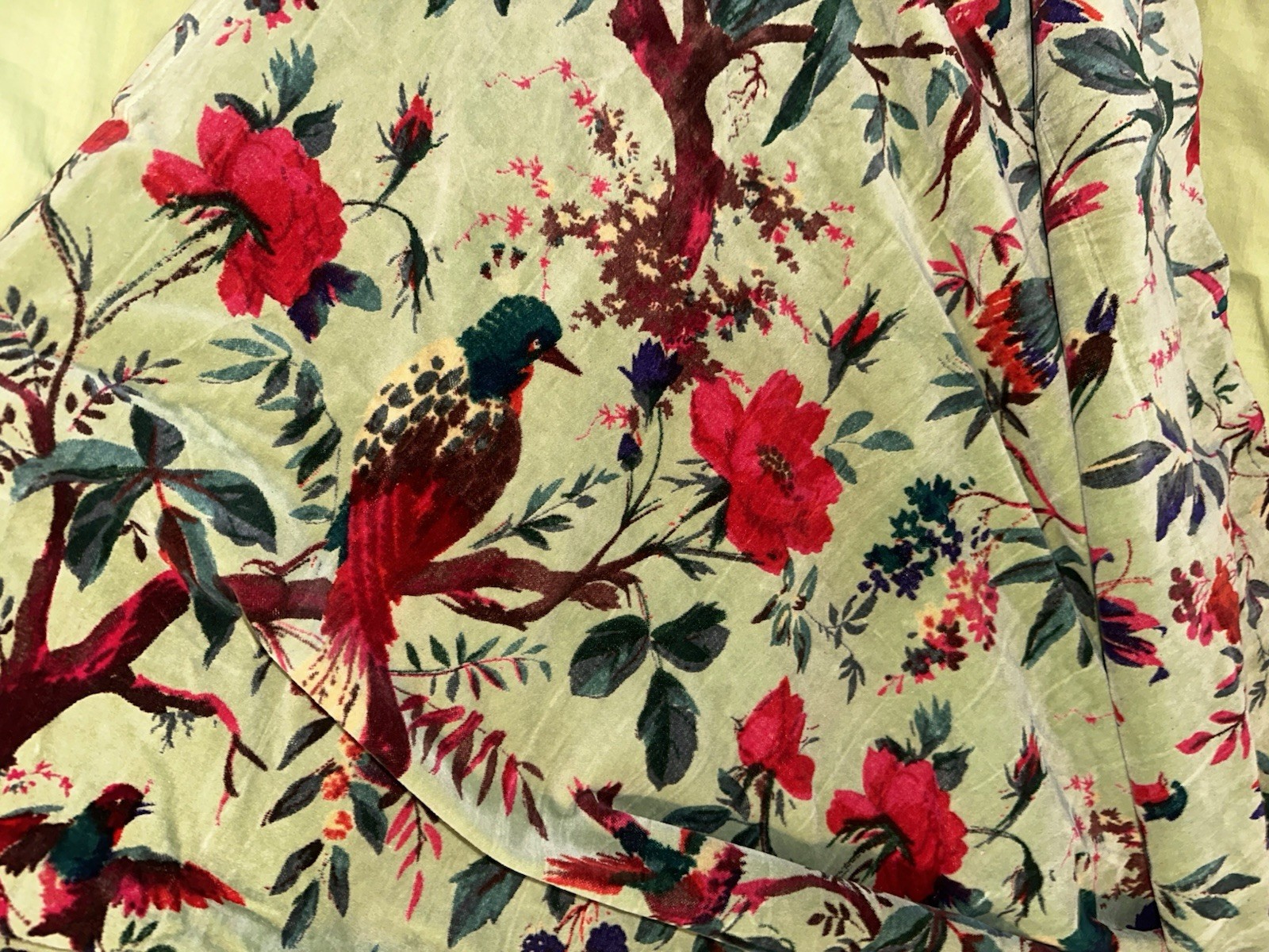 Boho Vintage Style Cotton Velvet Sage/Olive Green Bird Print Curtain – 4 Piece