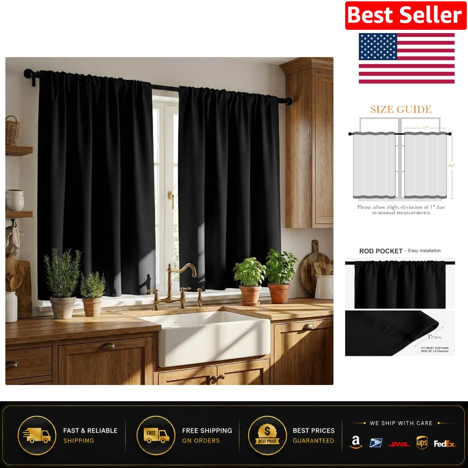 Set of 2 Short Blackout Cafe Curtains 36in Length, W42 x L36 – Classic Charm