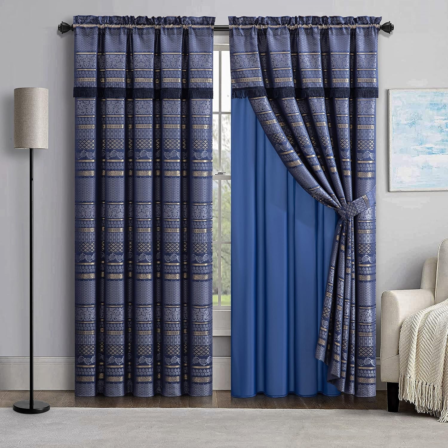 Amelia 4-Piece Multicolor Floral Jacquard Patchwork Curtain/Drape Set Sheer