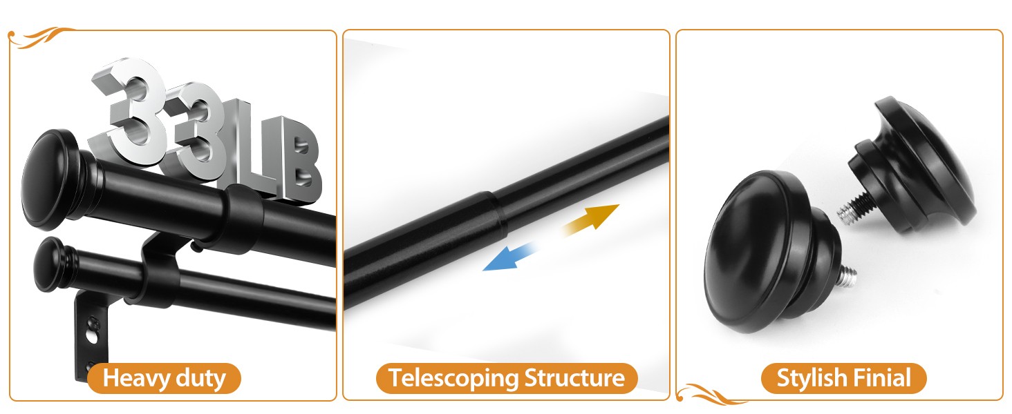 1 Inch Double Curtain Rods 66 to 120 Inches (5.5 to 10ft), Heavy Duty Decorative
