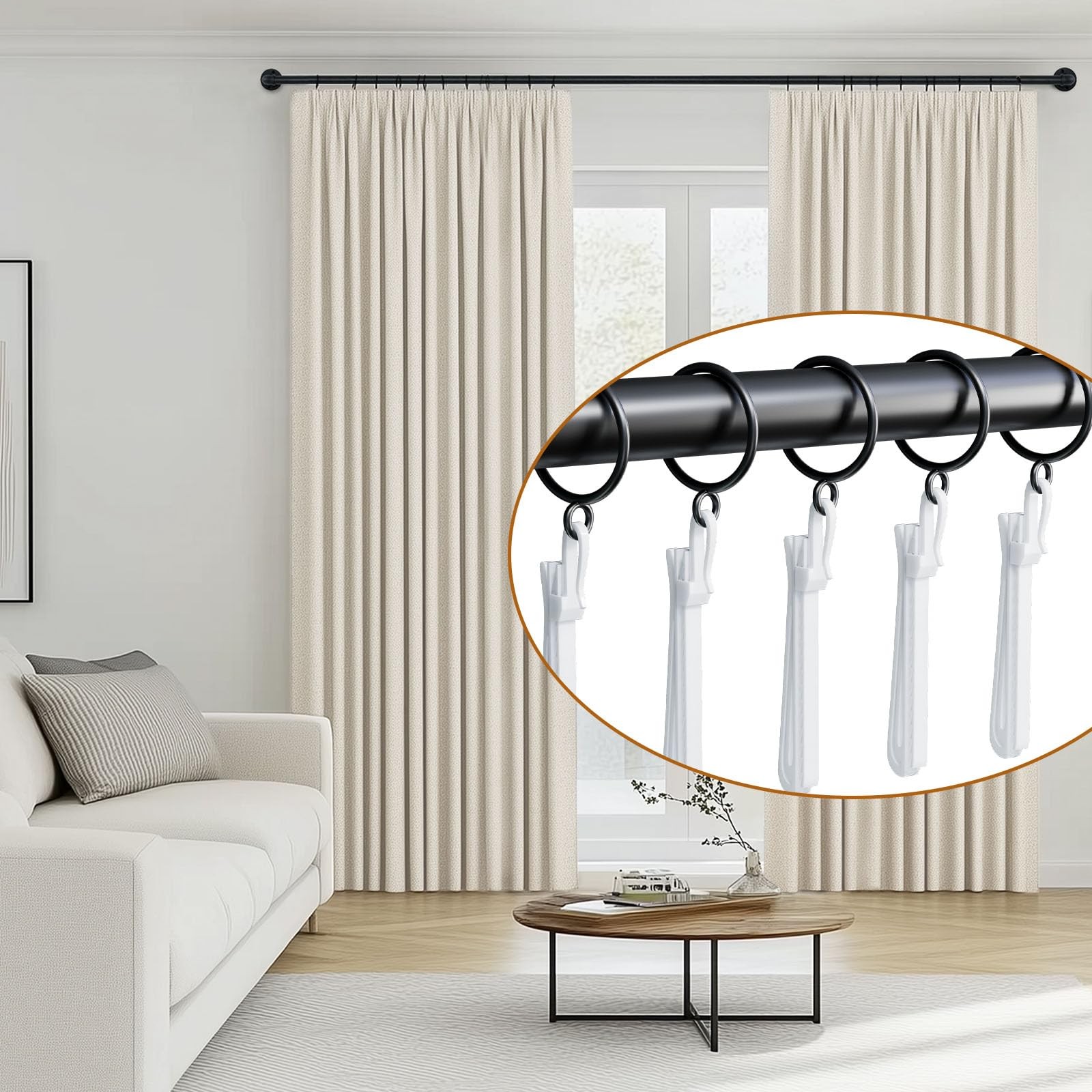 1.25 Inch Curtain Rings with Hooks, 24 Pack Black Metal Drapery Rings with Pi…
