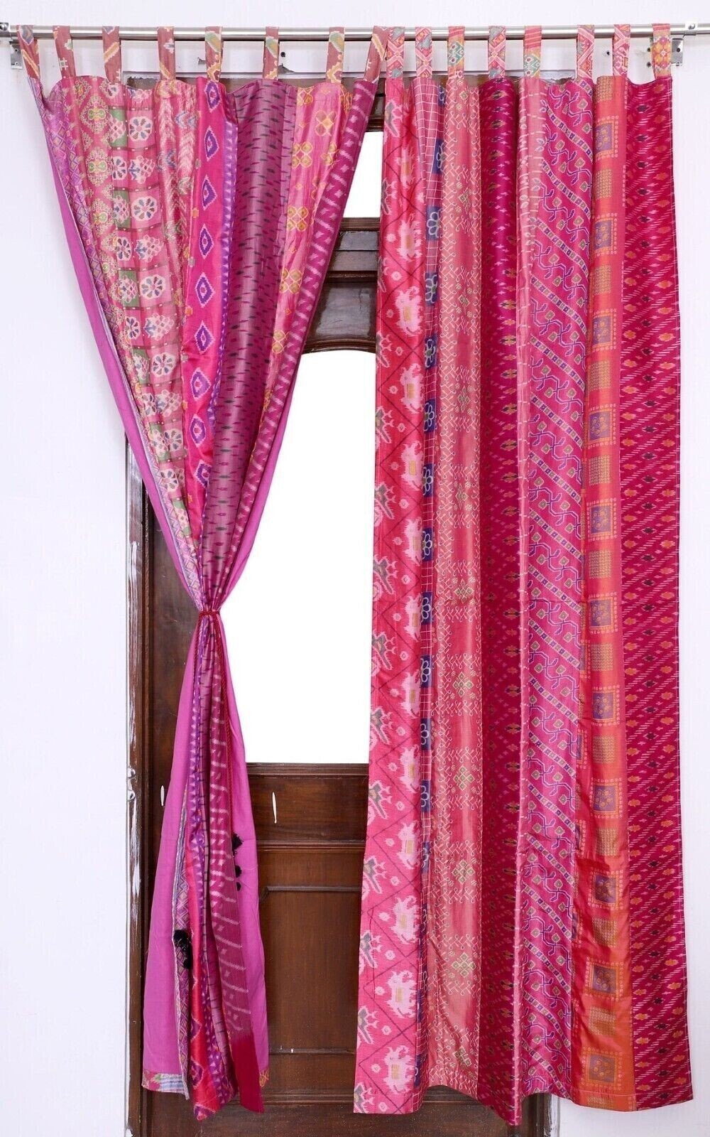 2 Pcs Indian Sari Patchwork Curtain Drape Window Decor Pink Silk Sari Curtain