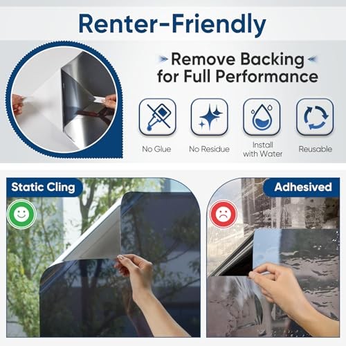 Window Tint for Home, One Way Privacy Film Heat & UV 17.5 x 78.7Inch Black