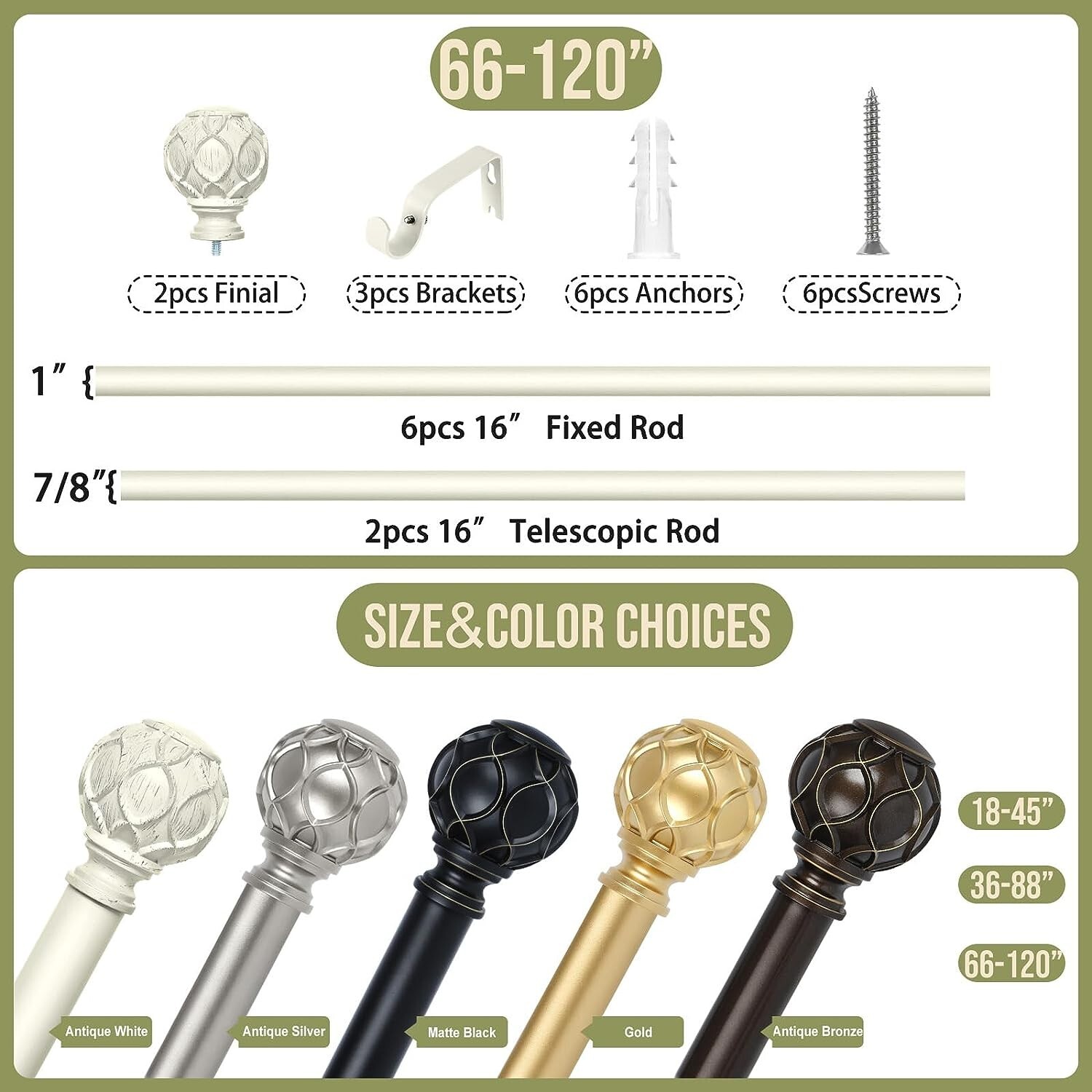 1 Inch Adjustable Antique White Curtain Rods for Windows 66 to 120 Inch 5.5-10ft