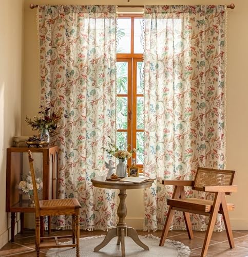 Boho Floral Curtains with Tassel for Bedroom 52″W x 96″L (Pack of 2) Brick Red