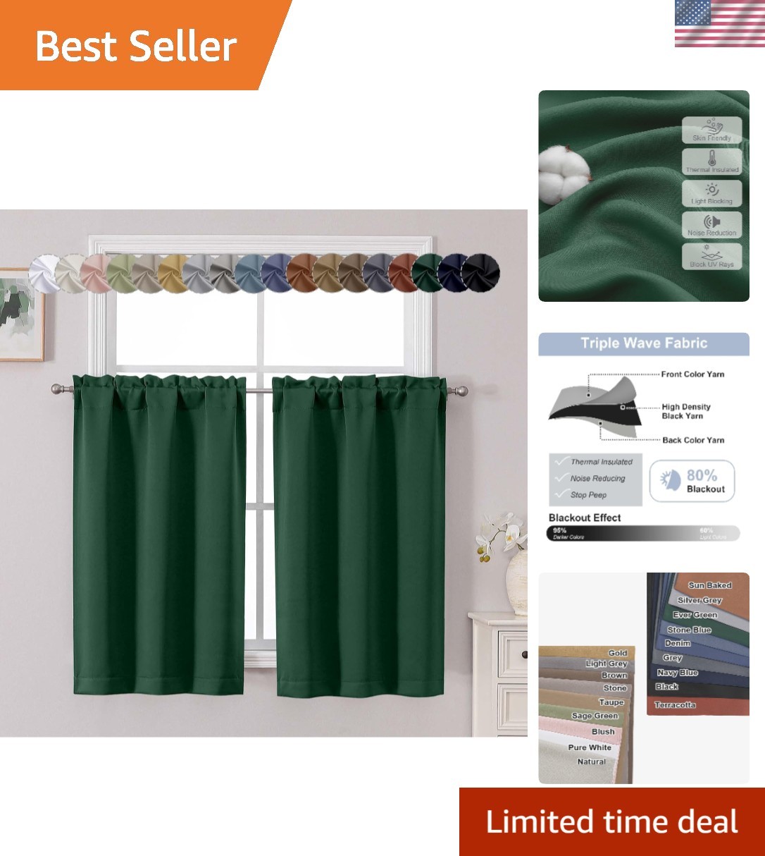 Versatile Ever Green Blackout Window Curtains, 30×45 In, 2 Pack for Cozy Spaces