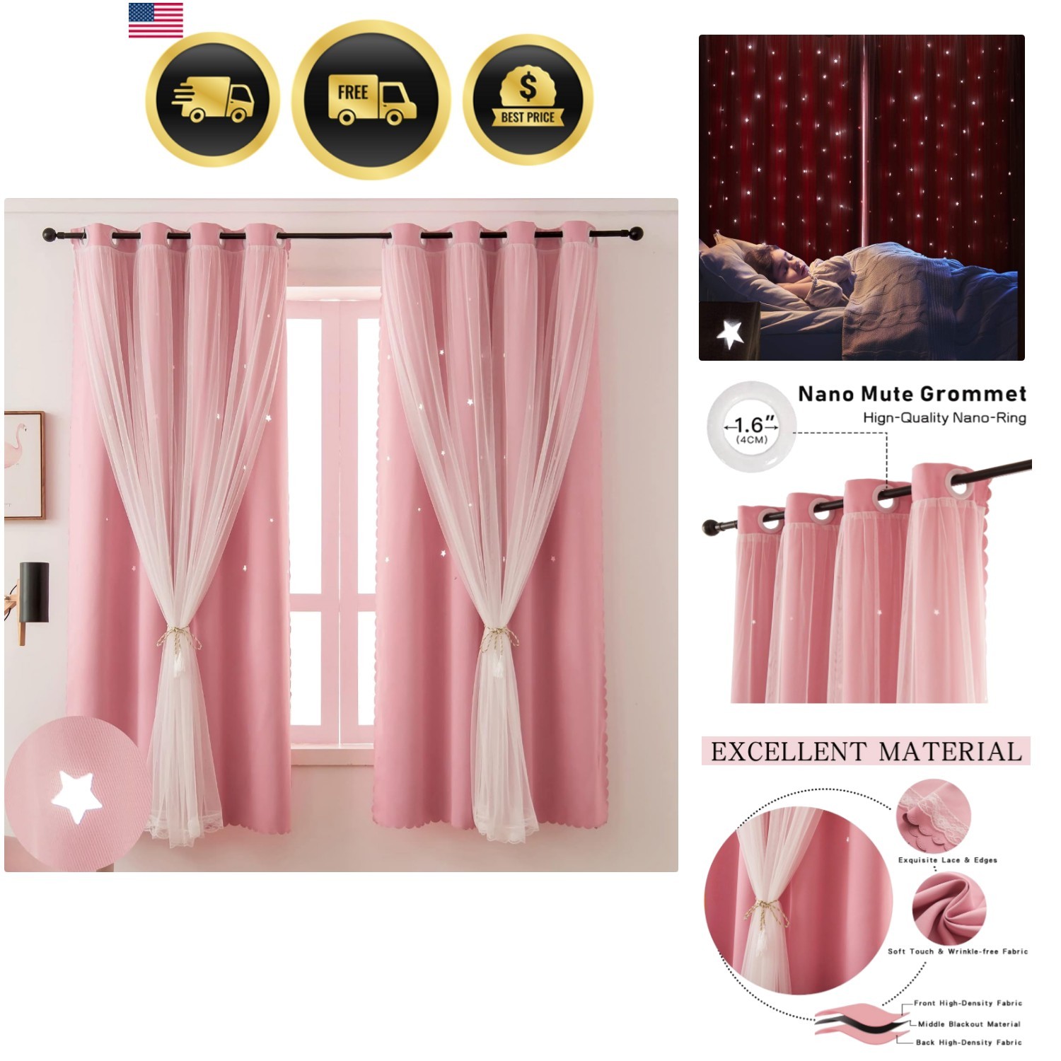 Pink Blackout Curtains for Girls Bedroom Cute – Aesthetic Star Cutout Double …