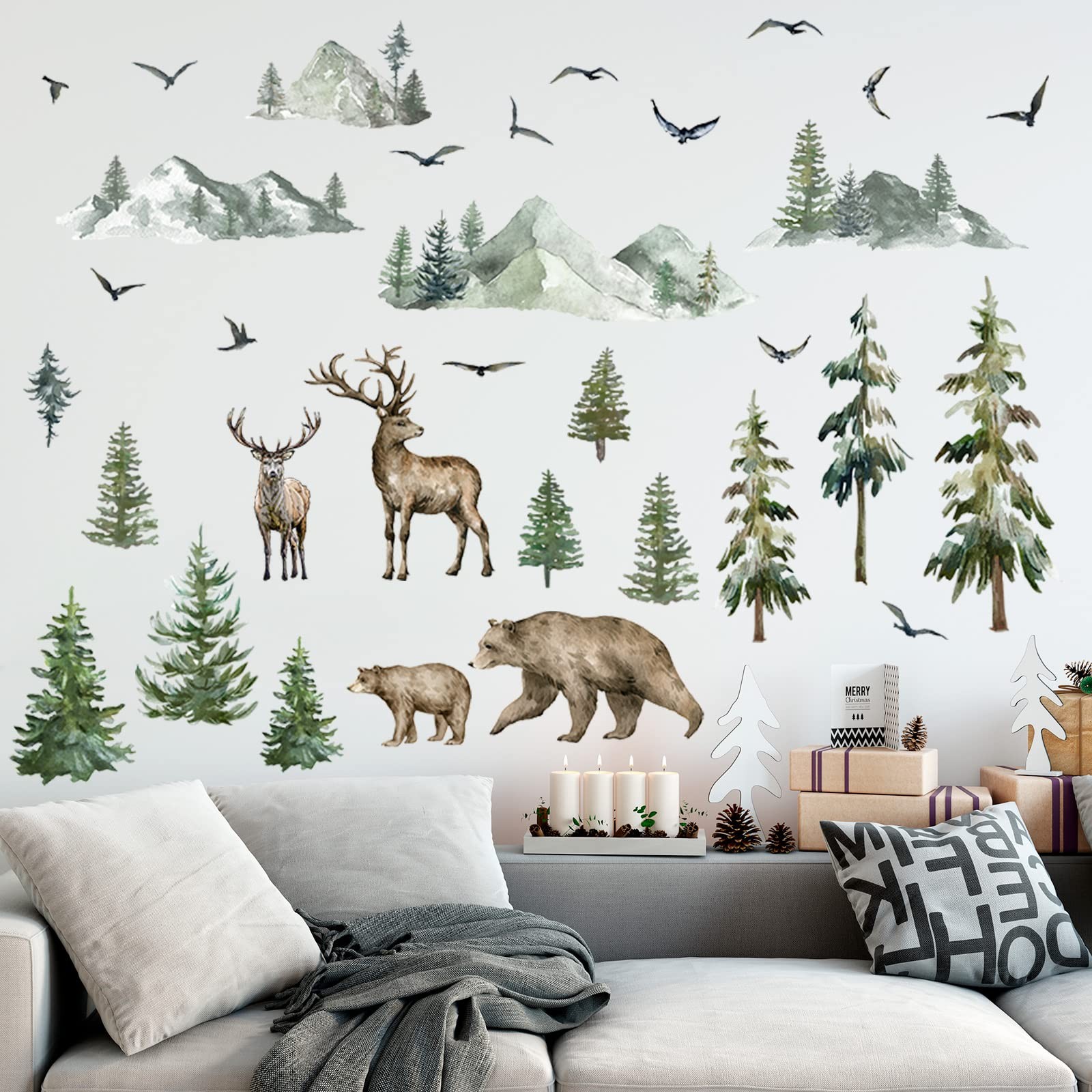Kajaia Mountain Wall Decals Large Pine Tree Peel and Stick Forest Multicolor