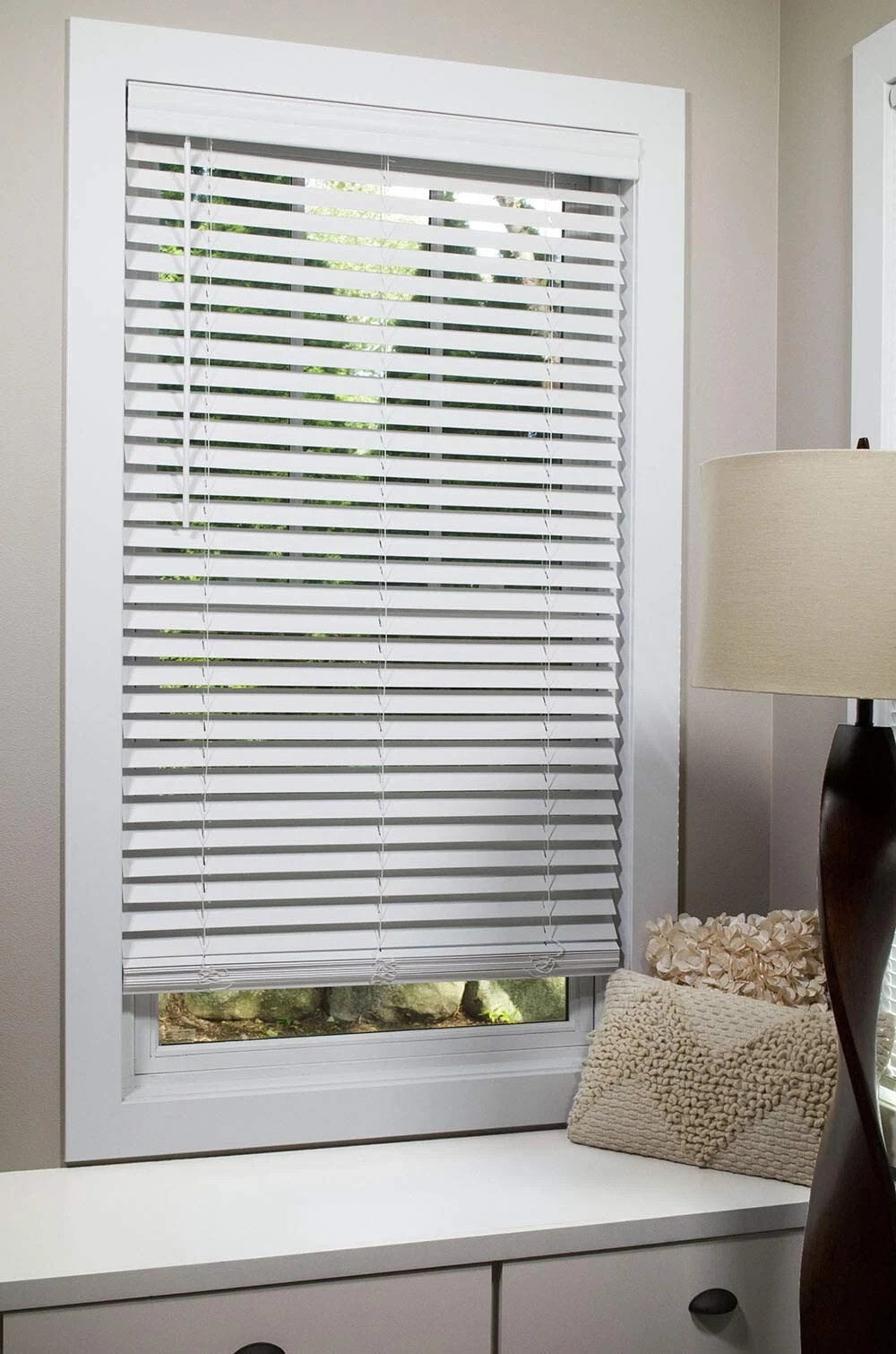 Lumino 2-inch Flat Slat Faux Wood Cordless Room Blinds, White – 19.5″ X 64″ W