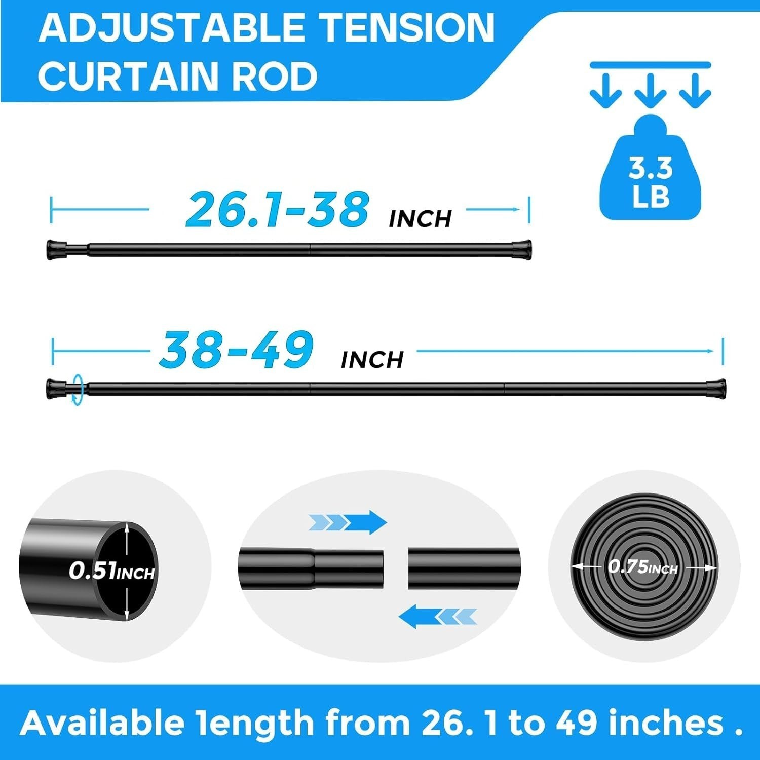 2 Pack Adjustable Black Spring Tension Curtain Rods 28-48 Inches