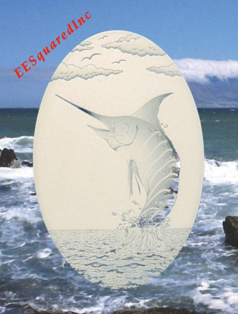 Marlin Window Decal for Glass – OVAL 15×23 Static Cling Tropical Fishing Decor