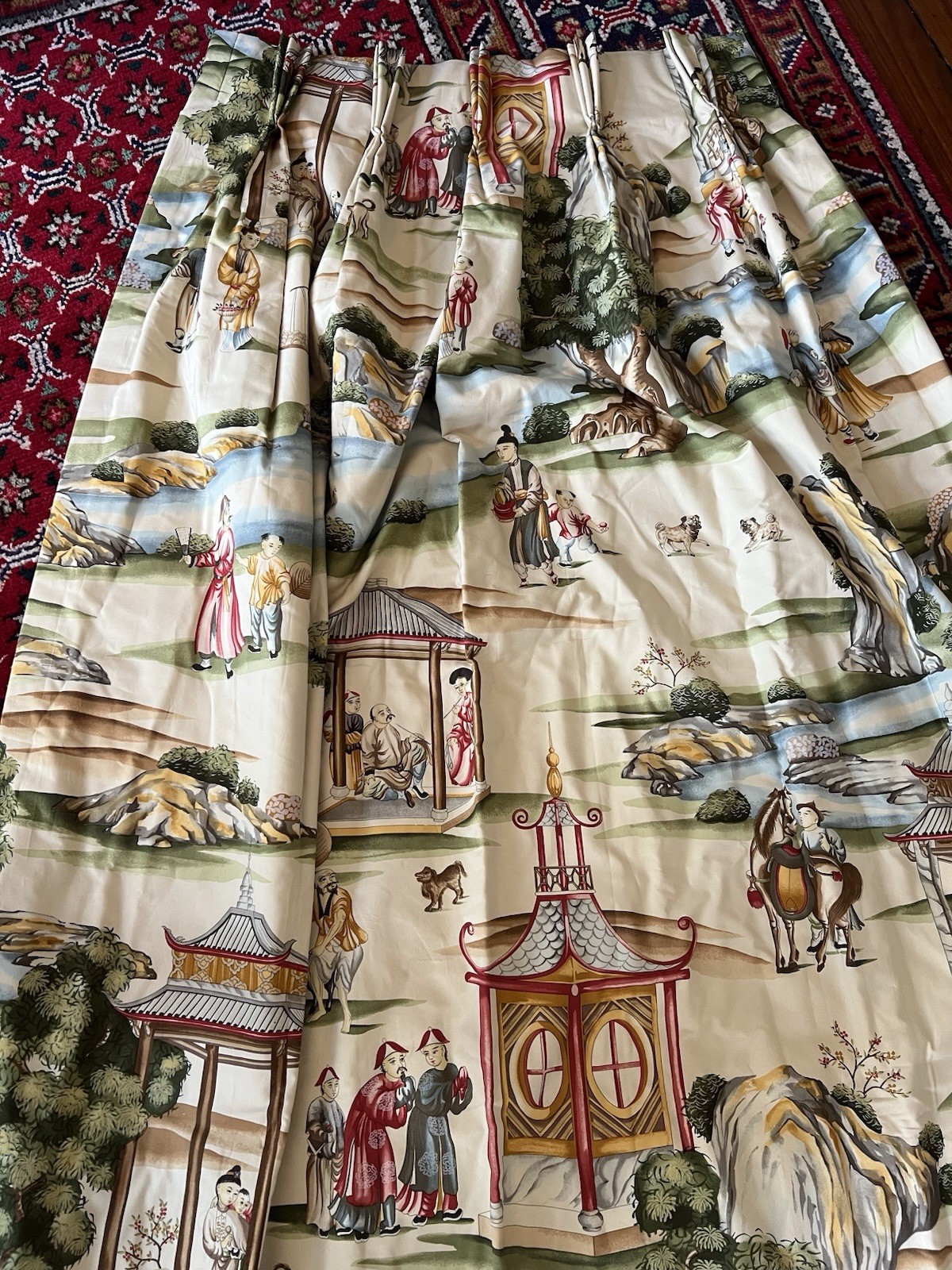 Custom triple pleat drapes Scalamandre Shanghai traditional chinoiserie