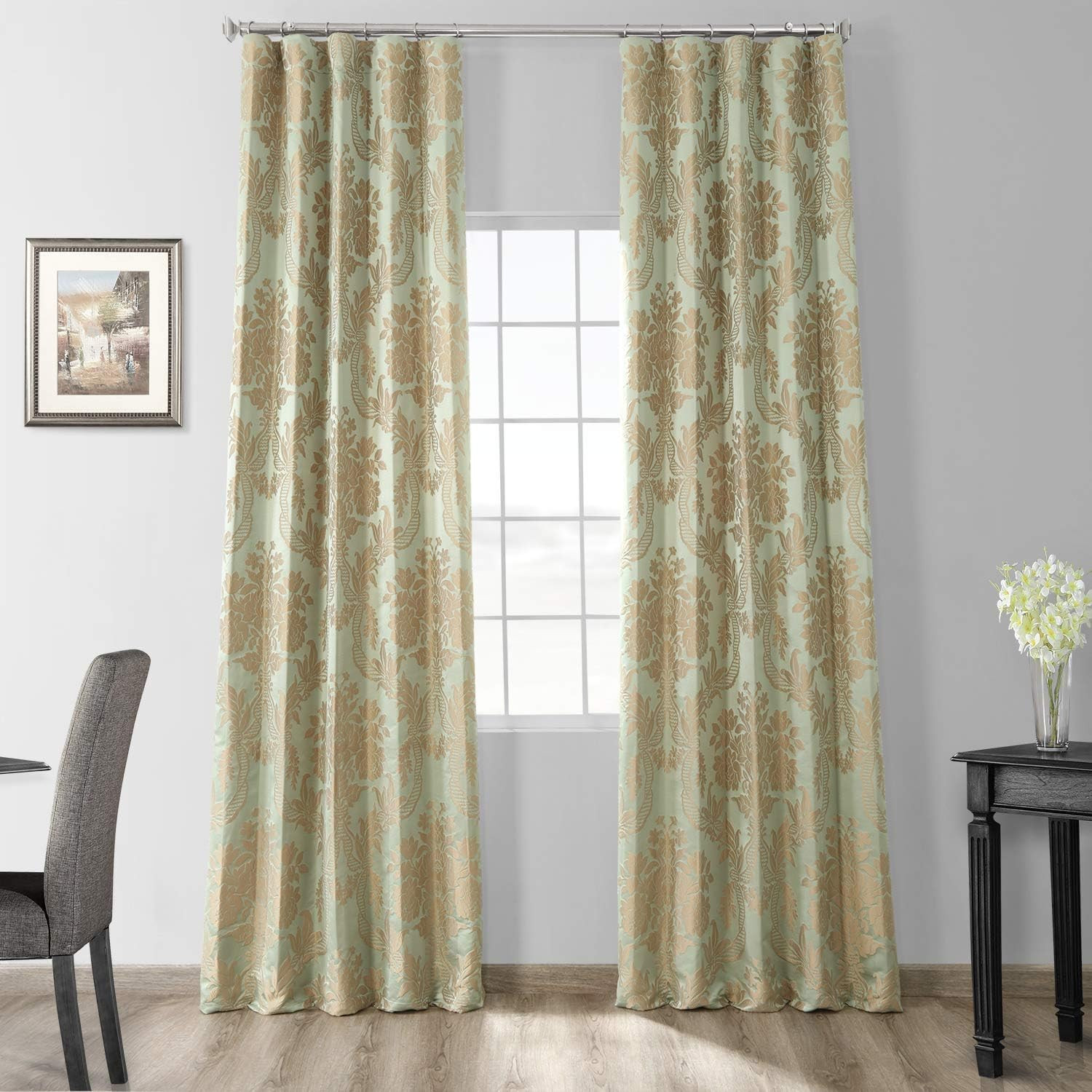 Jade & Gold Designer Damask Faux Silk Room Darkening Curtain 108″ Long