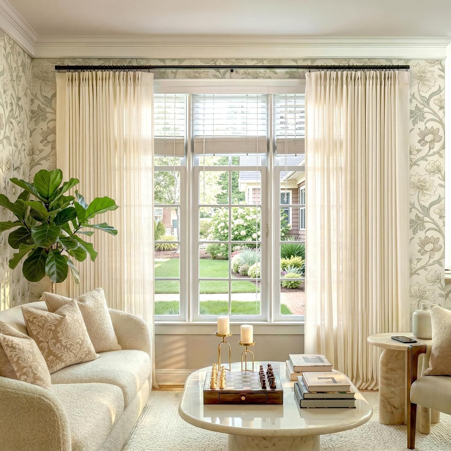 Pinch Pleated Linen Curtains 96 Inches Long for Living Room Light Filtering B…