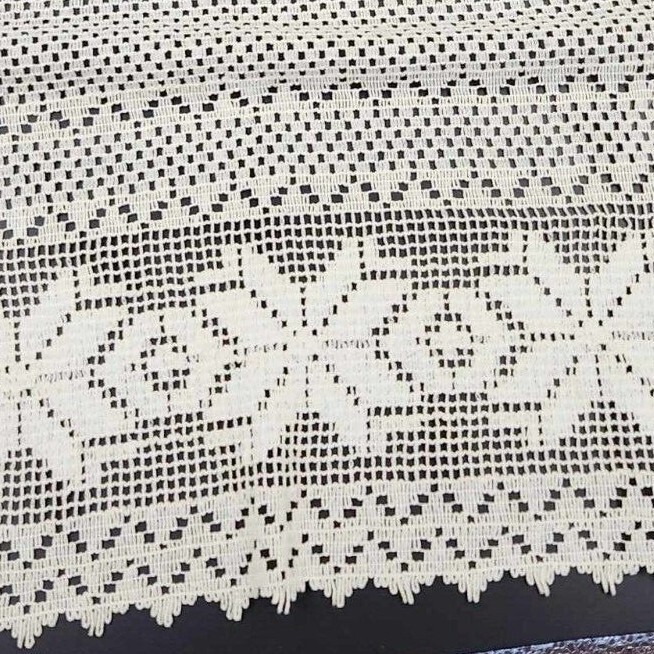 Off White Crochet Lace Kitchen Curtain Valance Tier or Swag Vintage Cafe Panel