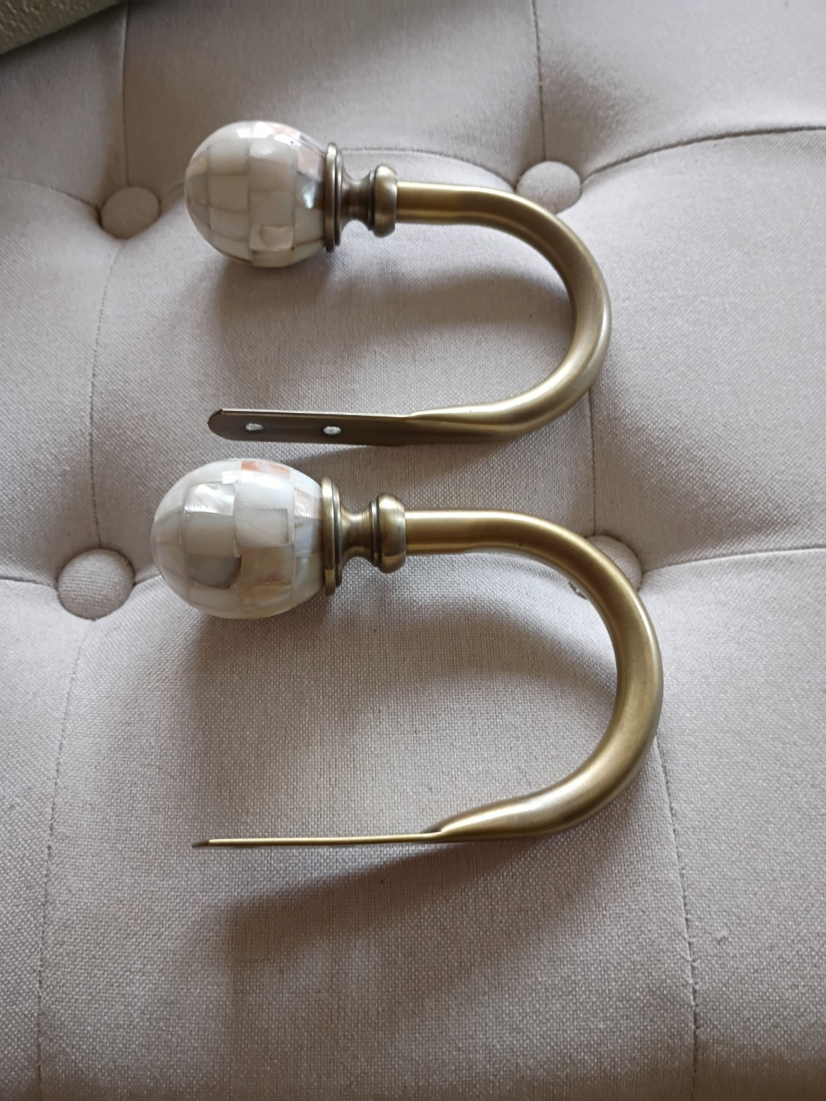 Pair Vtg Curtain Tiebacks Holdbacks Faux Mother of Pearl Aged Brass