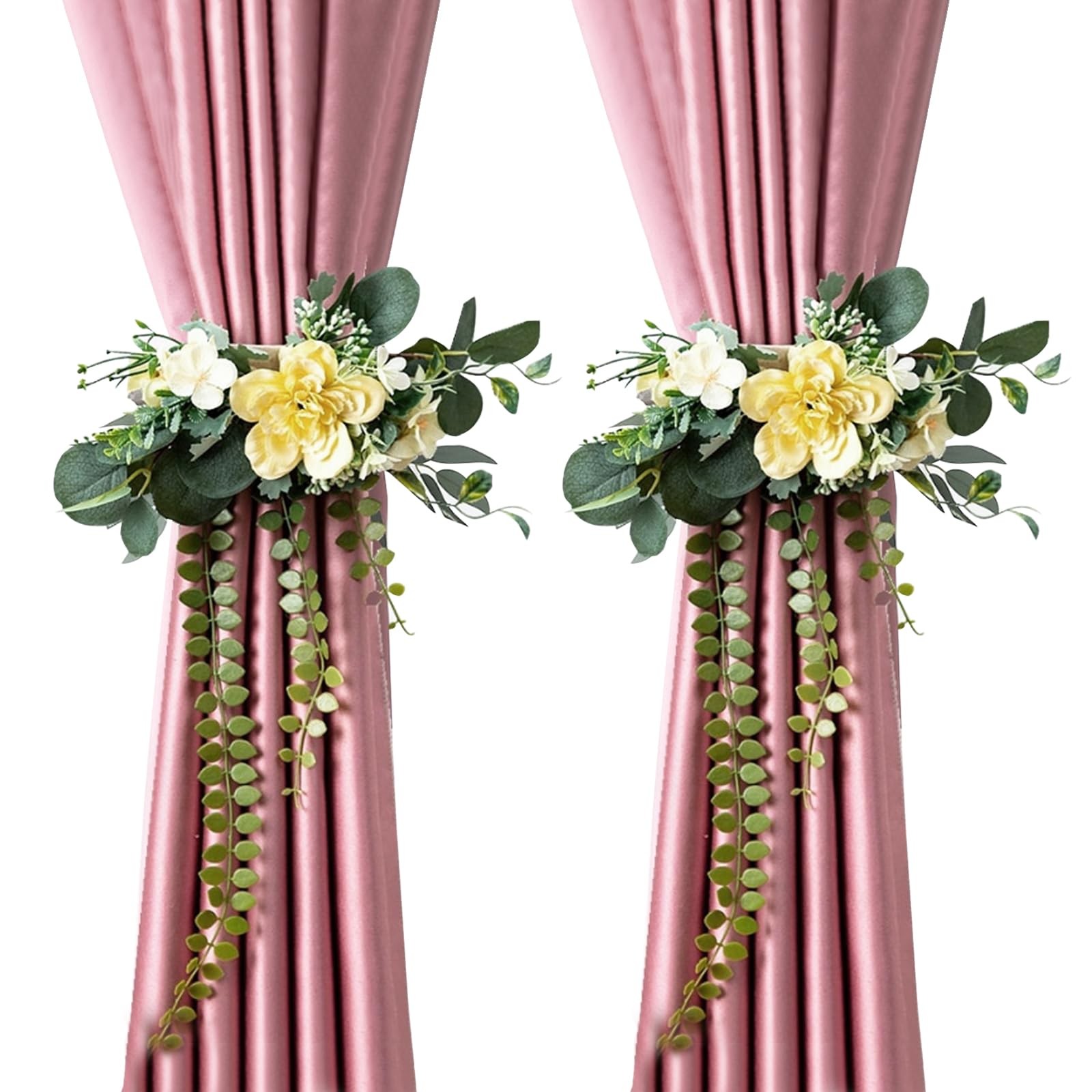Chinflly Artificial Flower Curtain Tiebacks No-Drill, Yellow-2Pcs Yellow