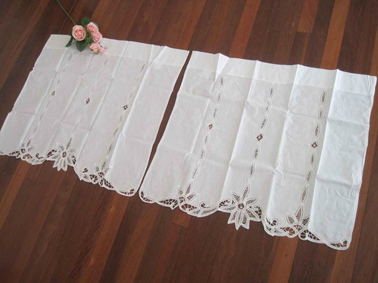 Again@Elegant Pair Hand Battenburg Lace Insertion White Cotton Curtain 65cm Drop