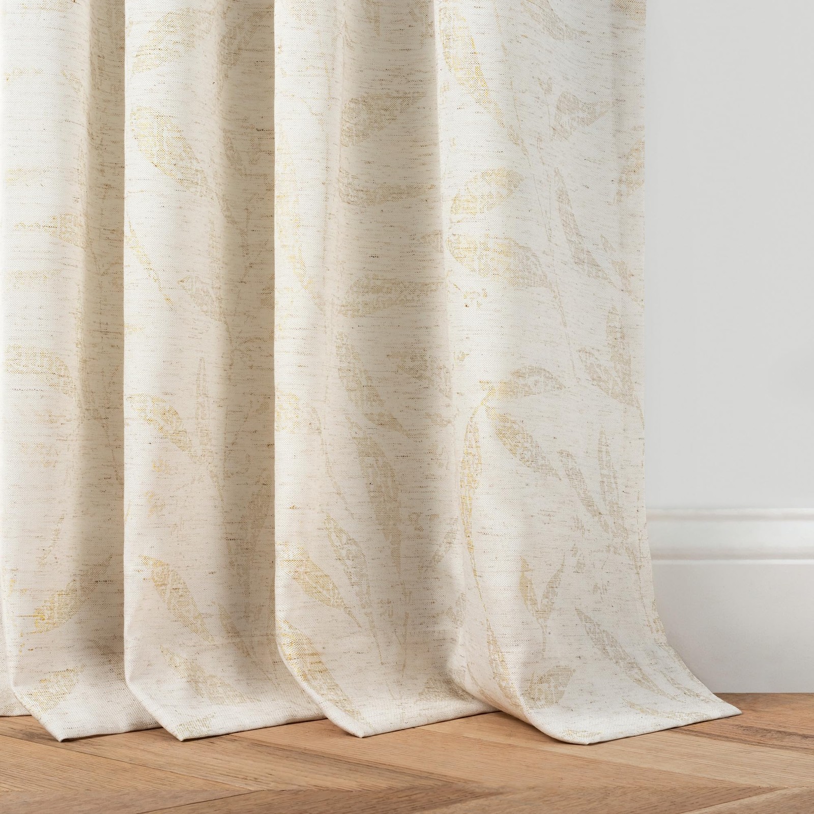 Cream Beige Light Filtering Window Curtains for Living Room – Metallic Leaf D…