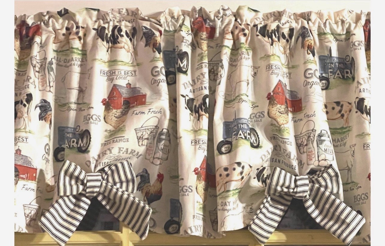 Farmhouse Dairy Valance Kitchen Curtain W/bows 43″W x 14”L Gift For Country Gal