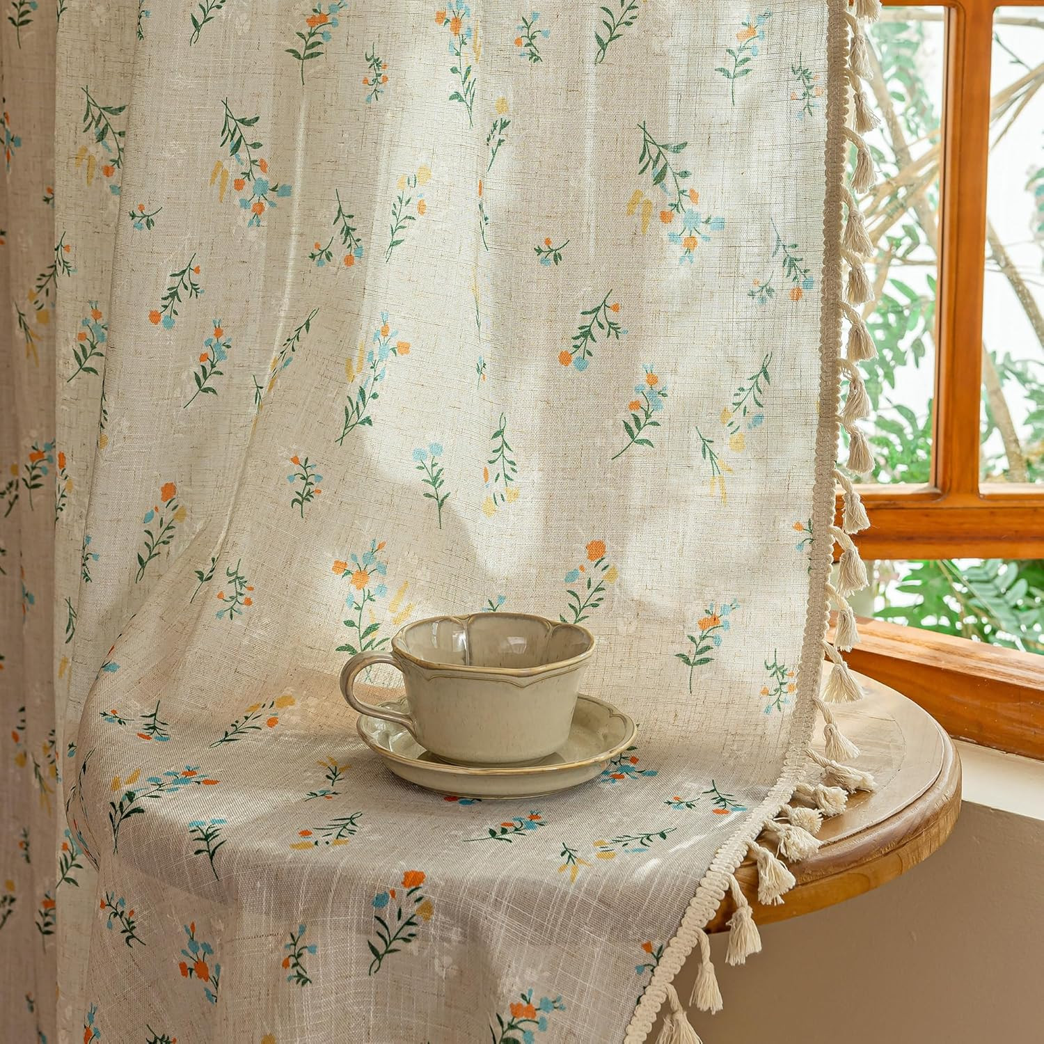 MYSKY HOME Boho Floral Linen Curtains 63 Inch Length 2 Panels Farmhouse Bohemian
