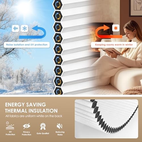 No Tools No Drill Cordless Cellular Shades, 46″ W x 48″ H, Blackout-White