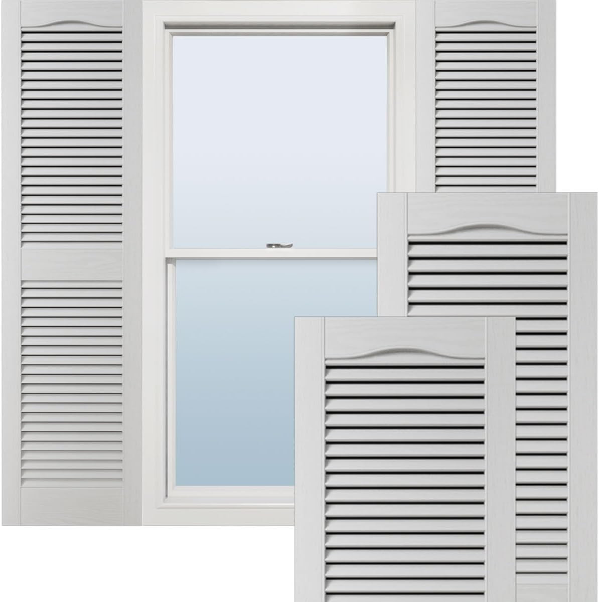 White Vinyl Shutters, 12″W x 64″H, Cathedral Top, Includes Installation Hardware