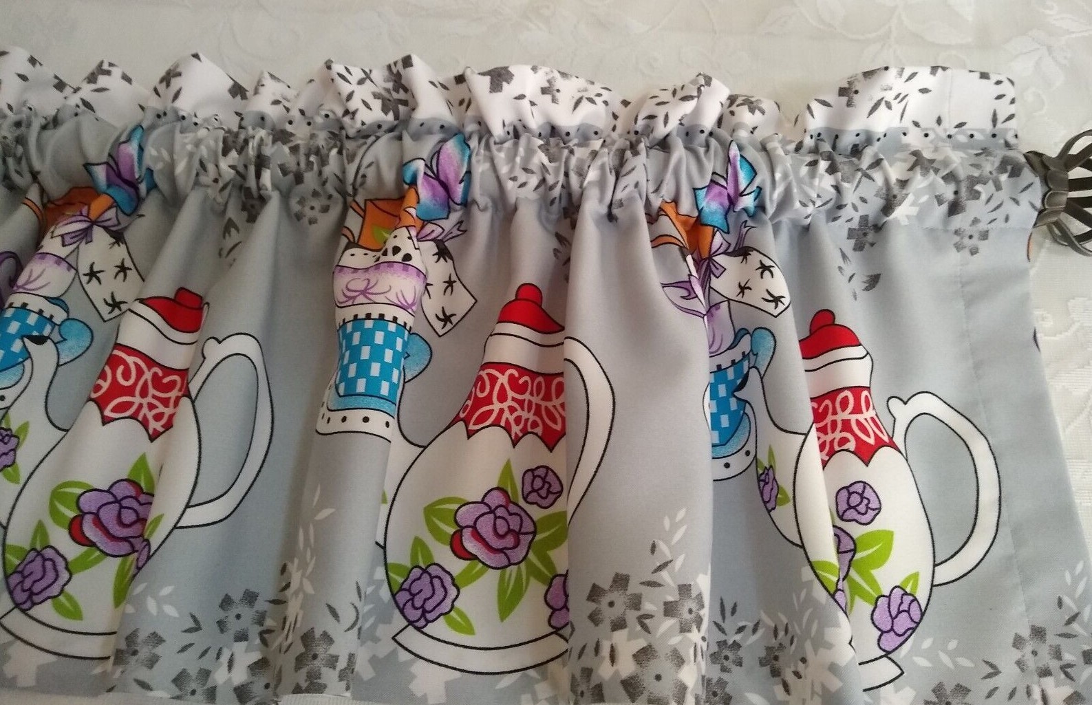 Teapot Kitchen Valance 12″ & 14″ Teacup Prints Teatime Lined Kitchen Valance