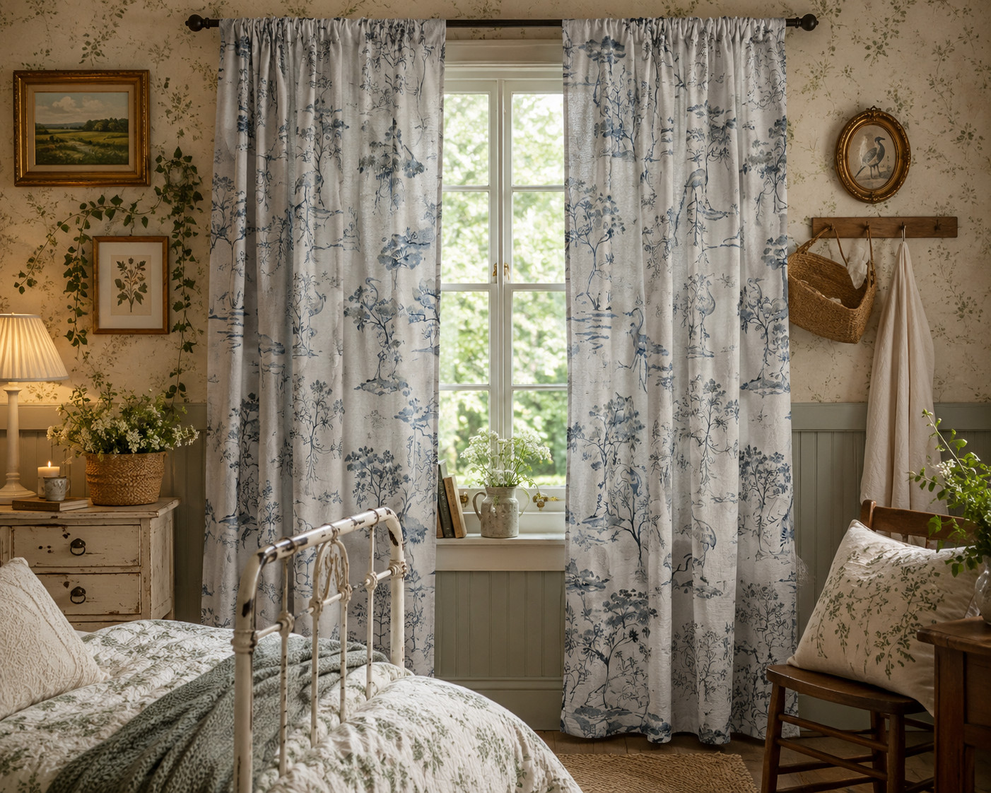 Tahari set of 4 Curtains 50×96 Cotton NatureTree Sketch Crane Panels NEW