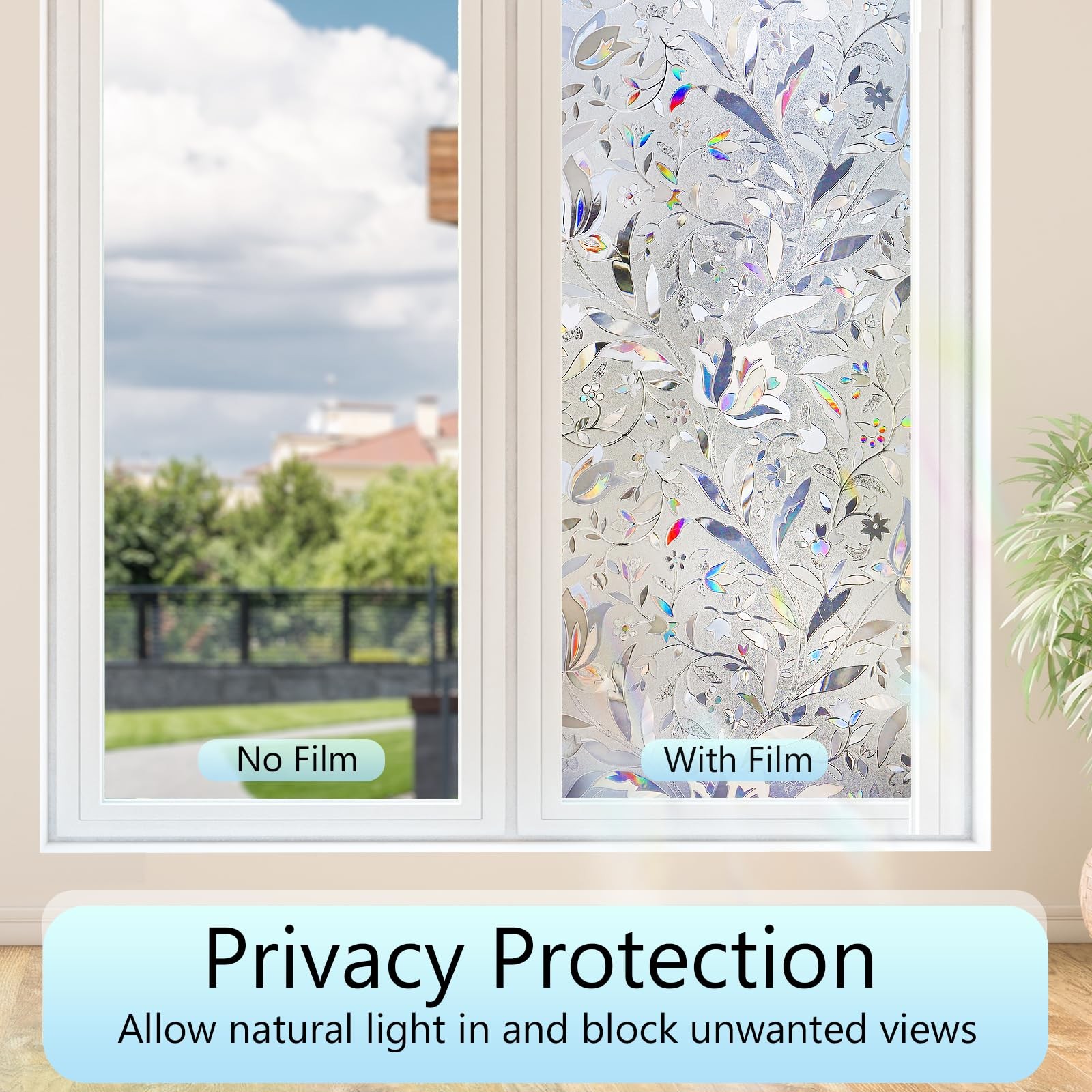 HIDBEA Window Privacy Film, 3D Stained Glass 17.3 Inch x 6.5 Feet, Foliage