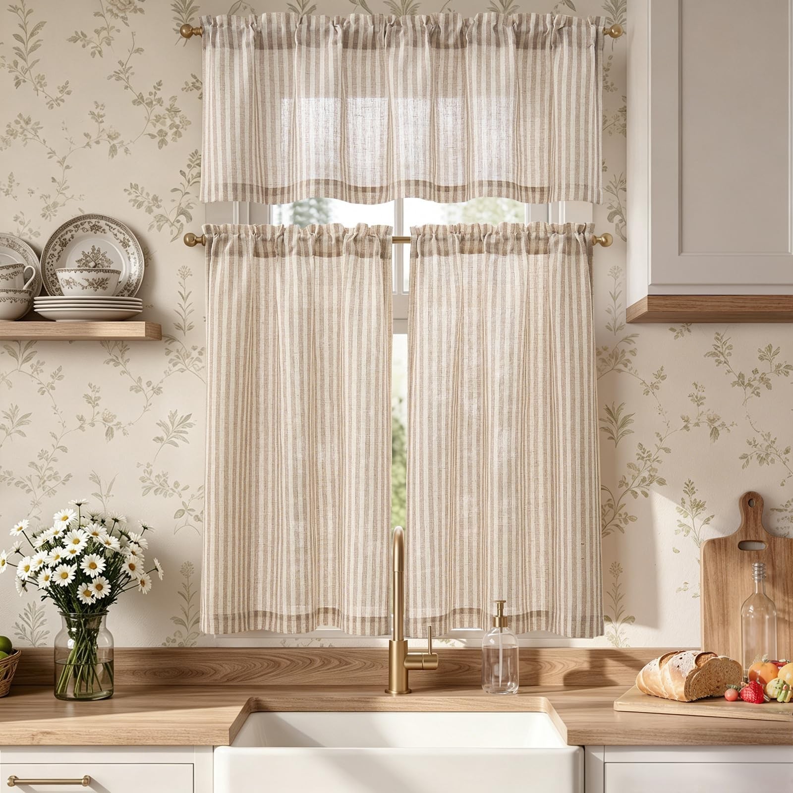 Striped Tier Curtains Set – 36″ Ticking Stripe Linen Valances for Kitchen & Bath
