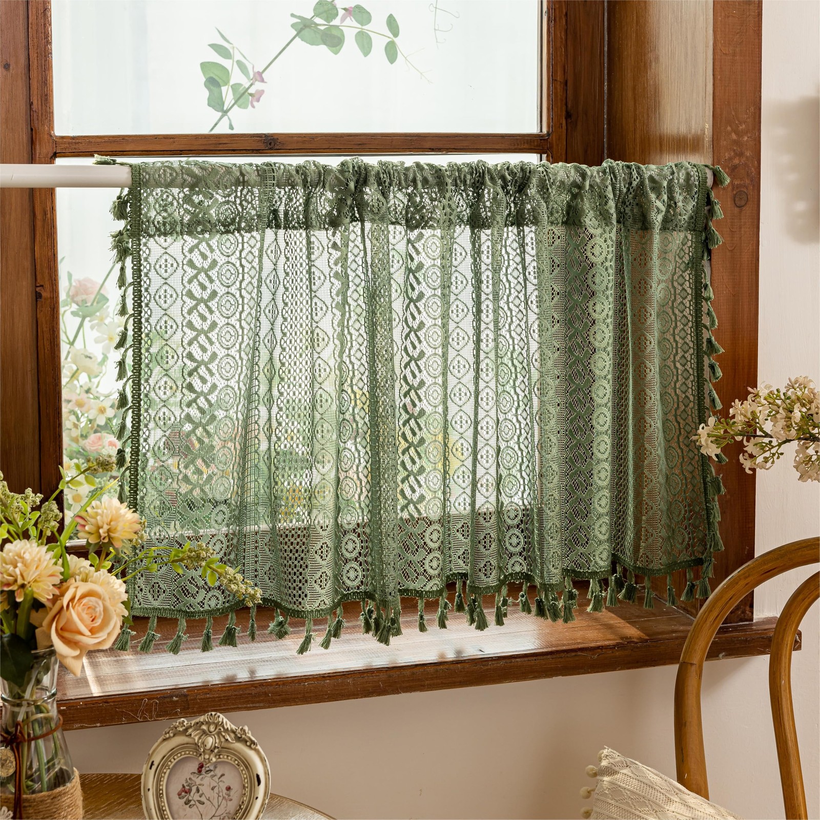 Olive Green Boho Window Curtains Valance 18 inches Long 2 Panels, Farmhouse L…