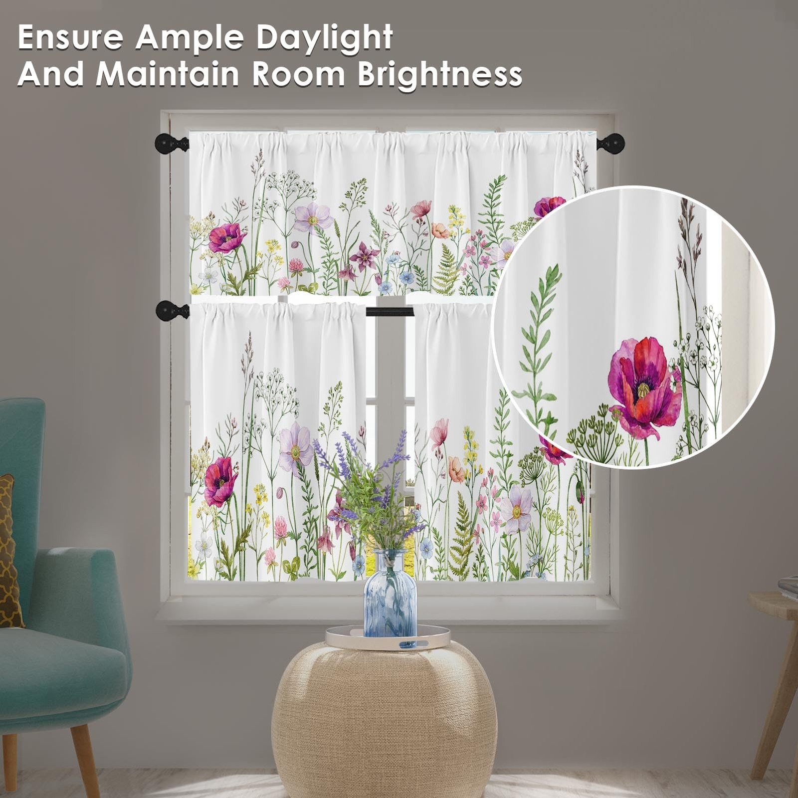Spring Flower Kitchen Window Curtains Valance and Tier Set 36 Inch, Pink and …