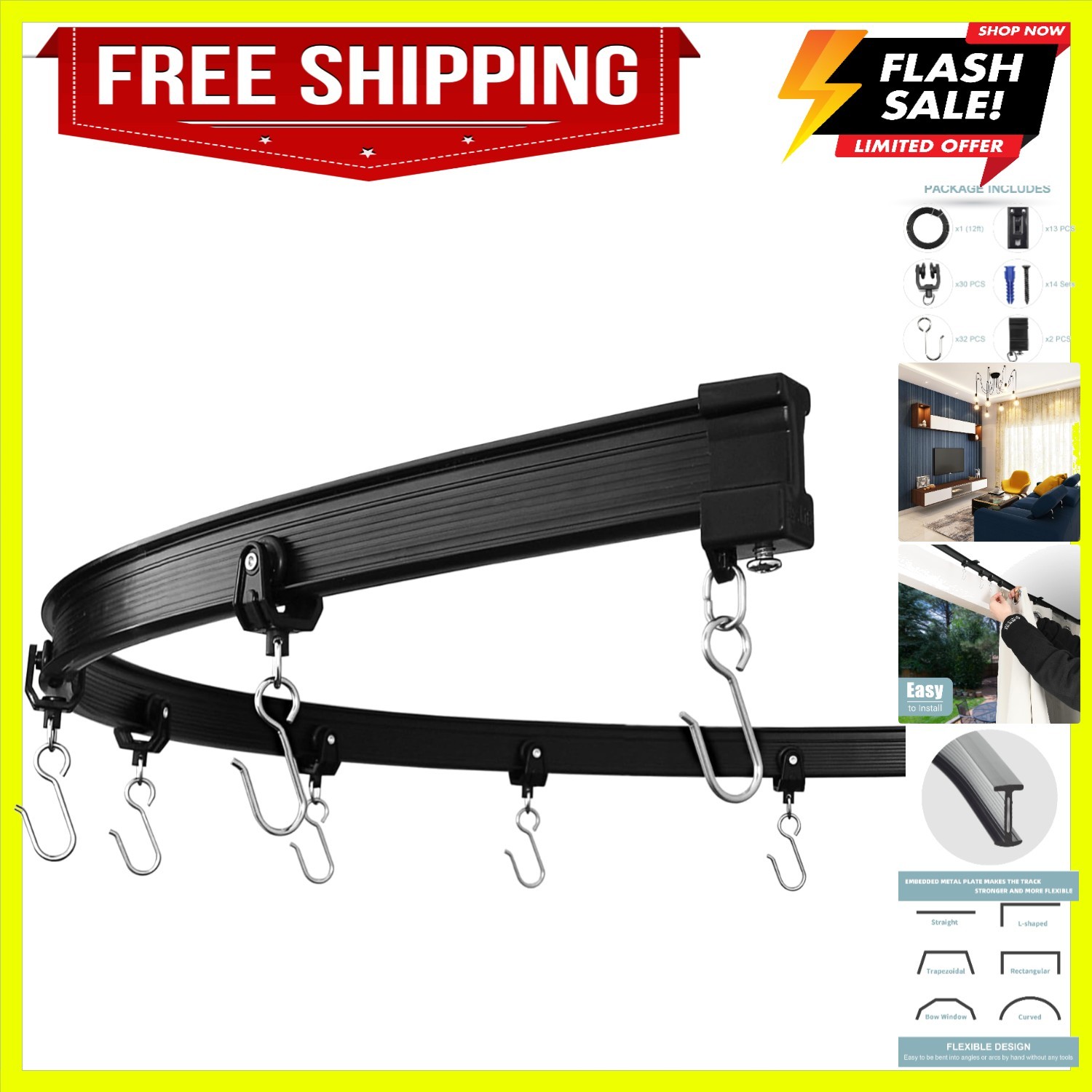 Black Flexible Ceiling Track 12 ft – Curved Curtain Rails, Room Divider, Ceil…