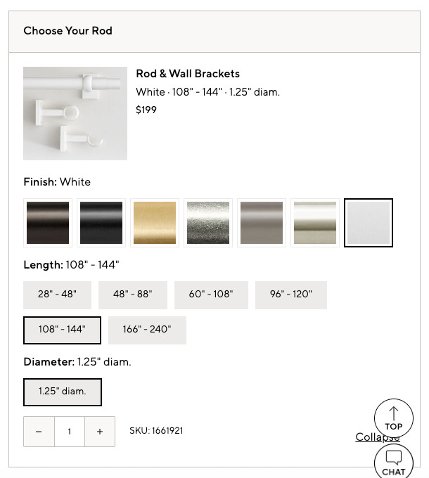 Pottery Barn Standard Curtain Rod & Wall Bracket 108-144″ ~ 1.25″d White NEW