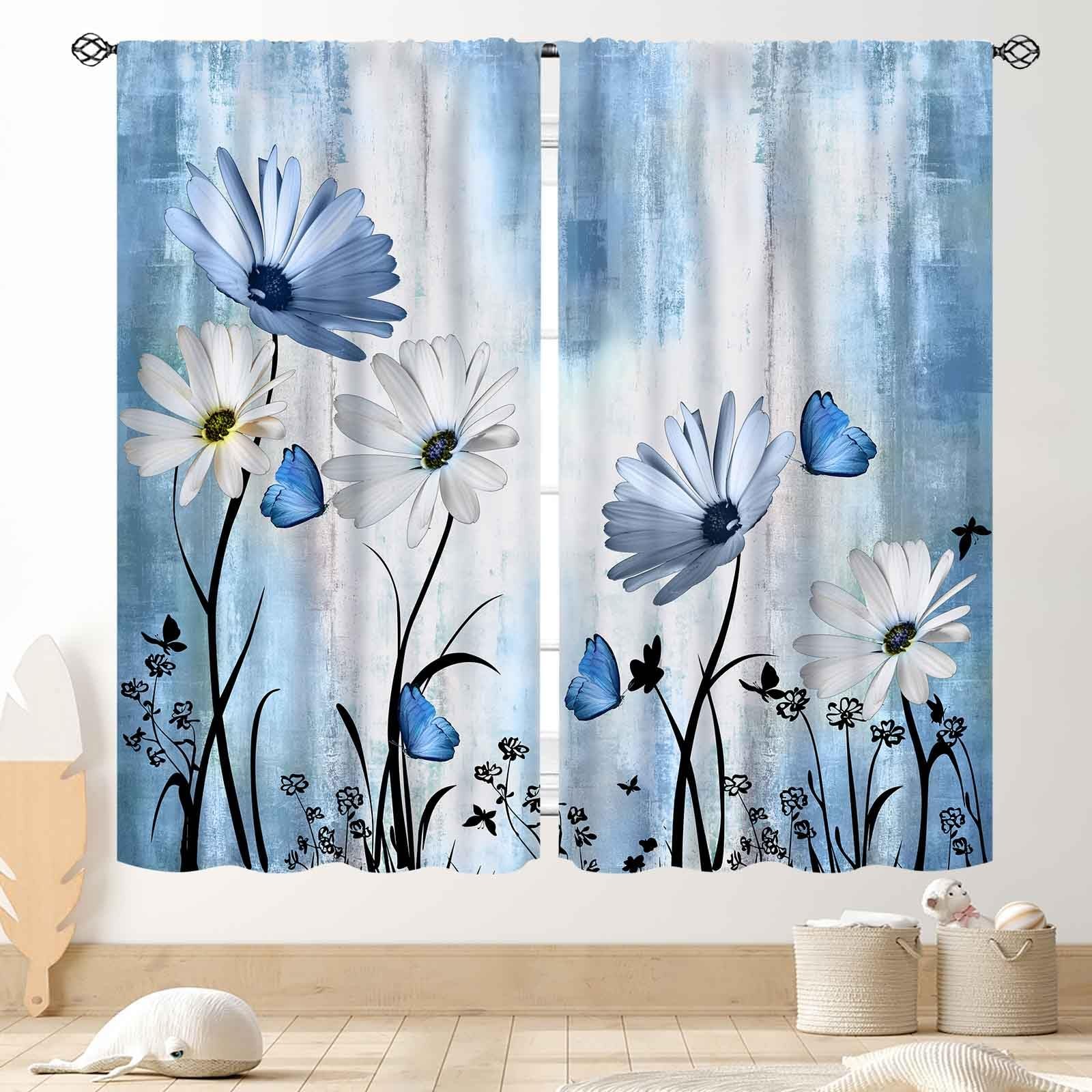 Blue White Daisy Curtains, Farmhouse Modern Flower Floral Spring Butterfly Ru…