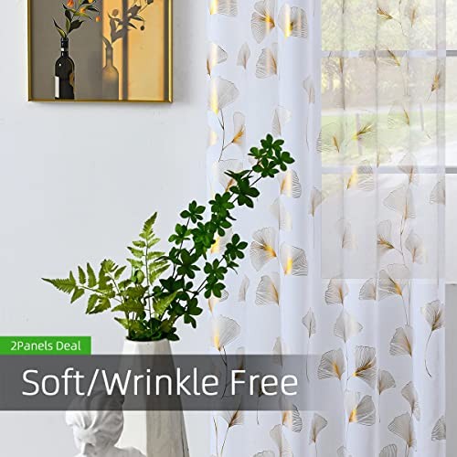 Gold Foil Print Voile Sheer Curtains, 52″W x 84″L (Pack of 2) Ginkgo/Gold