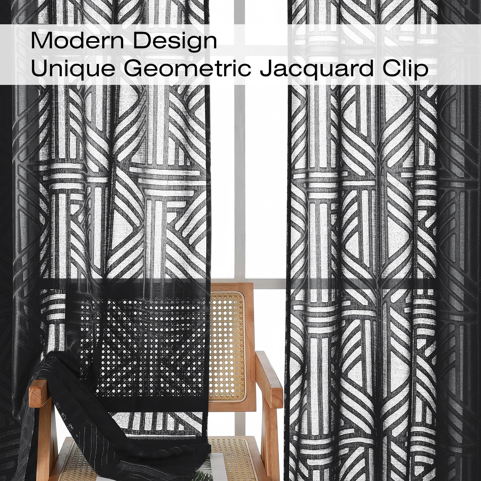 Semi Sheer Window Curtains, 84 Inch, 2 Panels, Jacquard Weave, Black