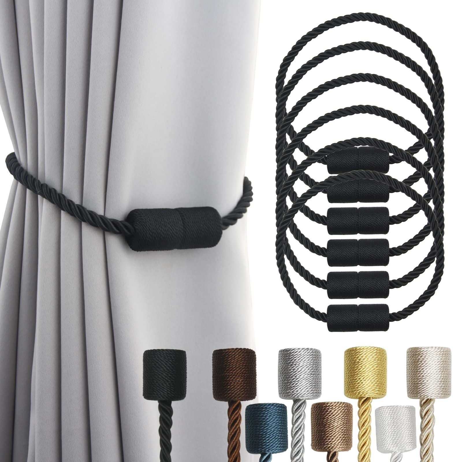 6 Pack Magnetic Curtain Tiebacks – Elegant Black Rope Holdbacks for Drapes & Win