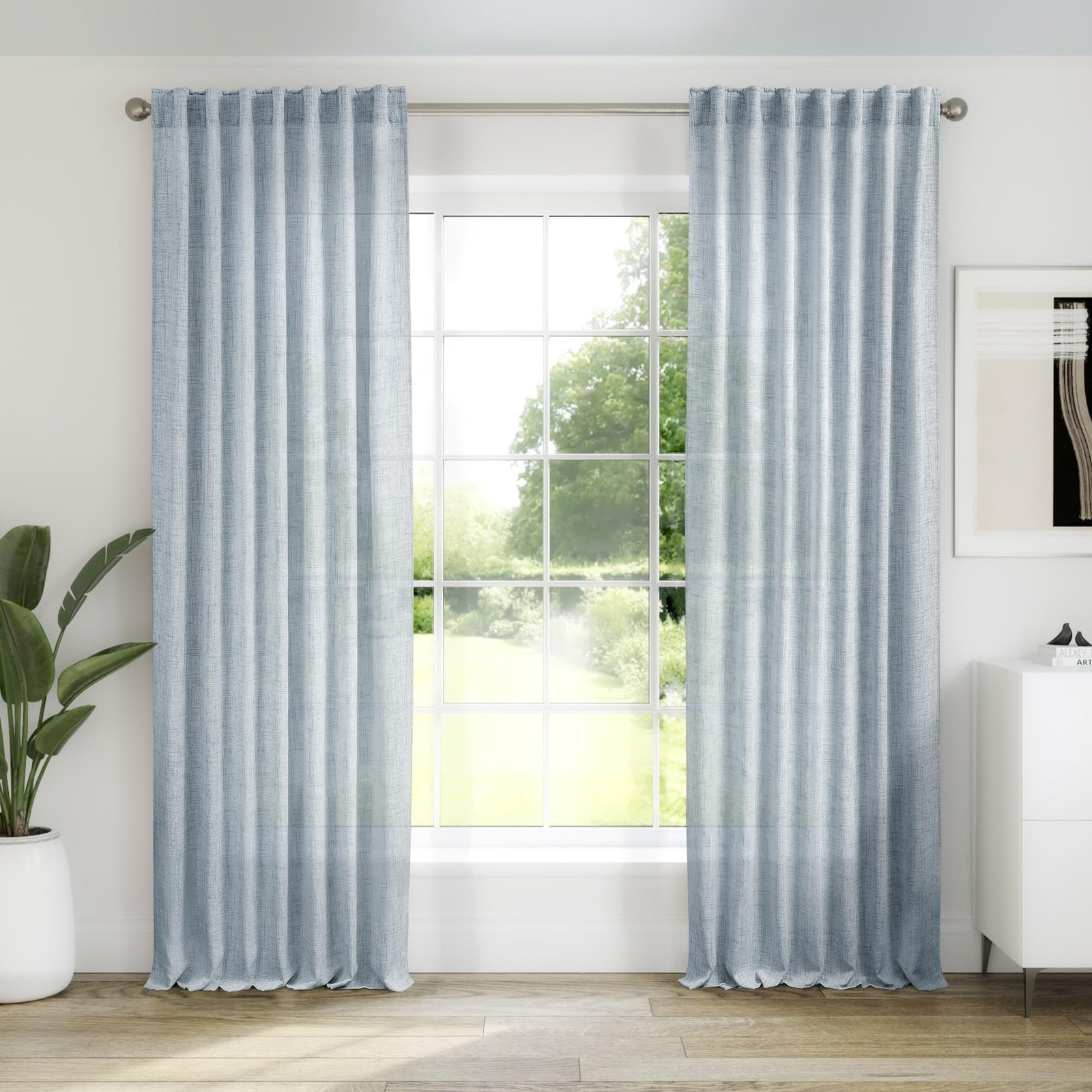 MEETBILY Light Blue Linen Curtains 102 Inch Length for Living Room – 2 Panel Set