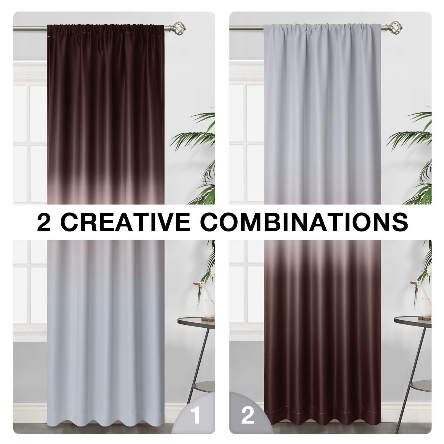 Brown Ombre Rod Pocket Curtains for Bedroom,52Wx84L