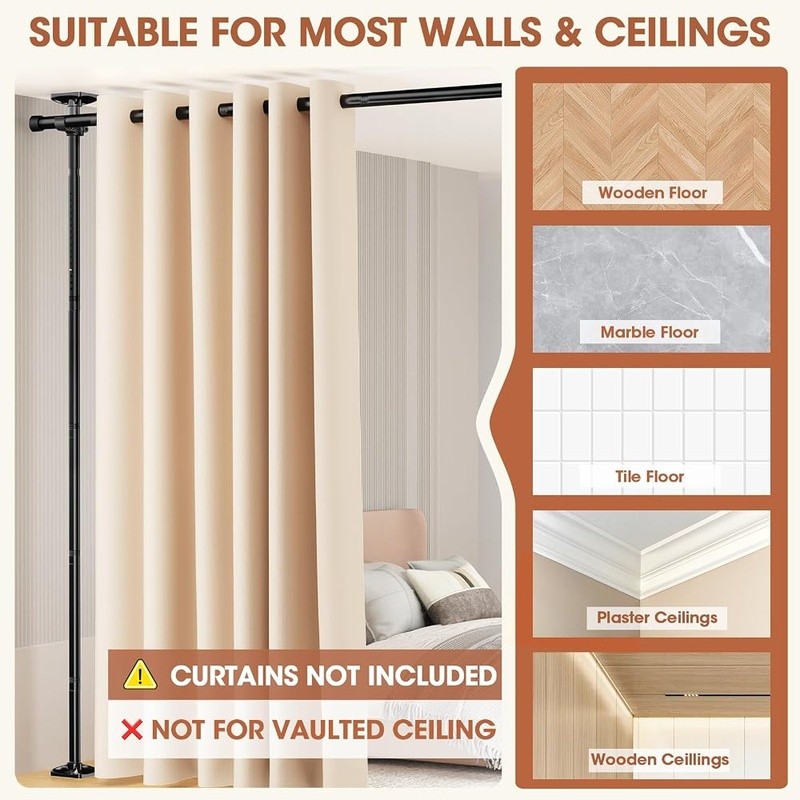 No Drill Adjustable Room Divider Curtain Rod Easy Install Metal Space Separator