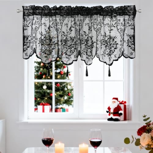 Sheer Lace Valance Curtains for Window 52″W x 18″L (Pack of 1) Black – Tassels