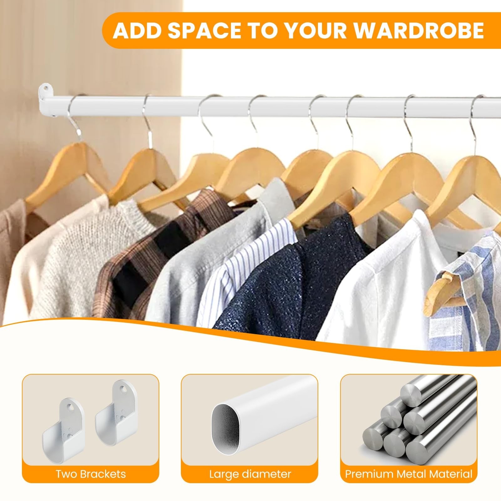 Oval Closet Rod for Hanging Clothes 18 to 52 Inch Adjustable with Snap Fasten…