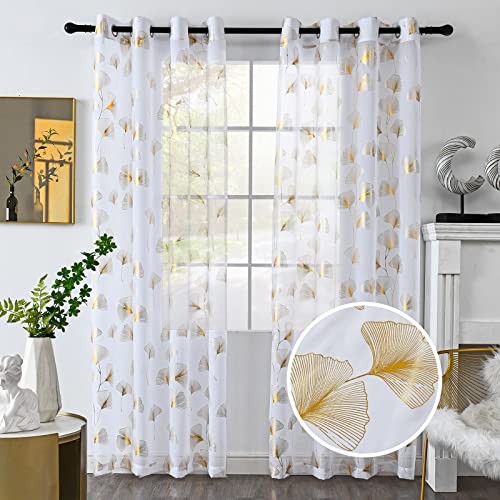 Gold Foil Print Voile Sheer Curtains, 52″W x 84″L (Pack of 2) Ginkgo/Gold