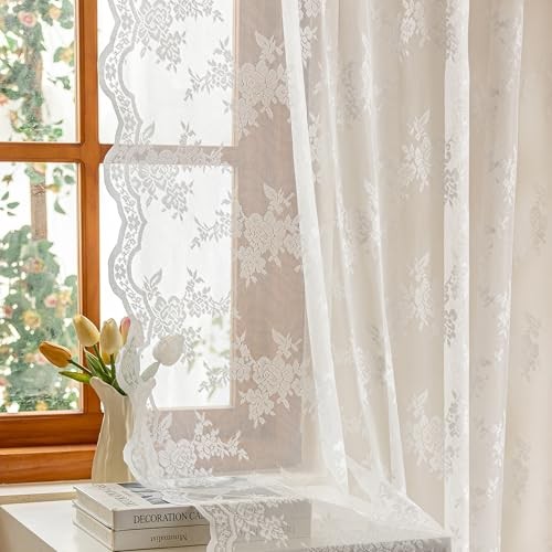 Lace Curtains 63 Inch Length, Sheer Lace Curtain 50″W x 63″L (Pack of 2) White