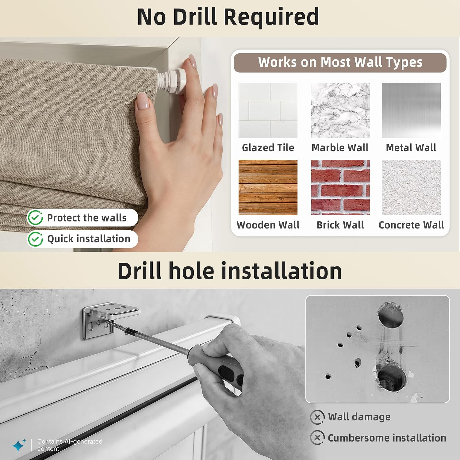 No Drill Cordless Roman Shades for Windows, Brown, 45″ W X 64″ H | 100% Blackout
