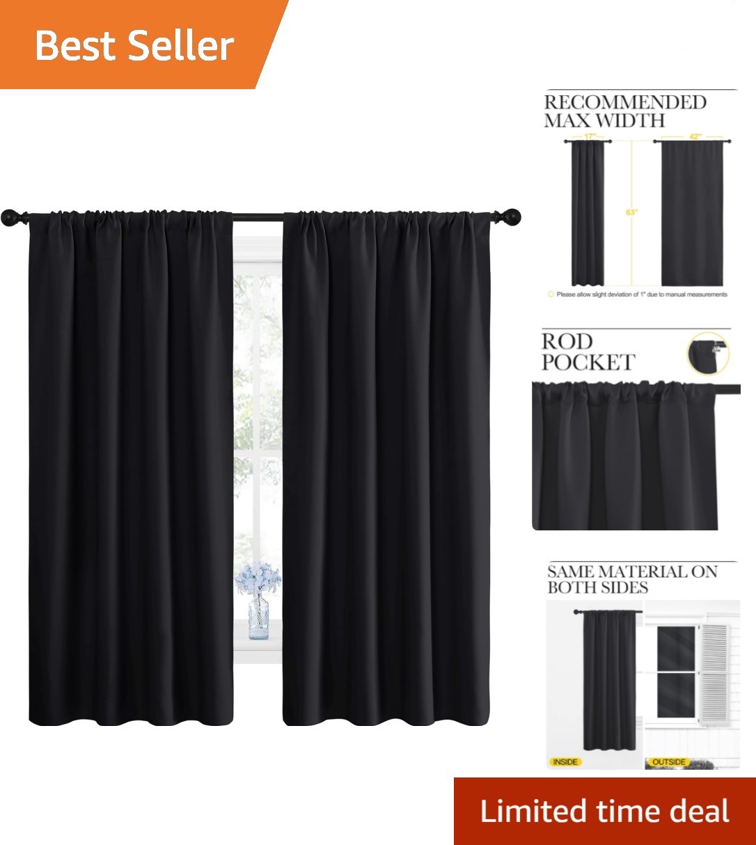 Solid Black Blackout Drapes – Thermal Insulated Window Treatment Set of 2 Panels