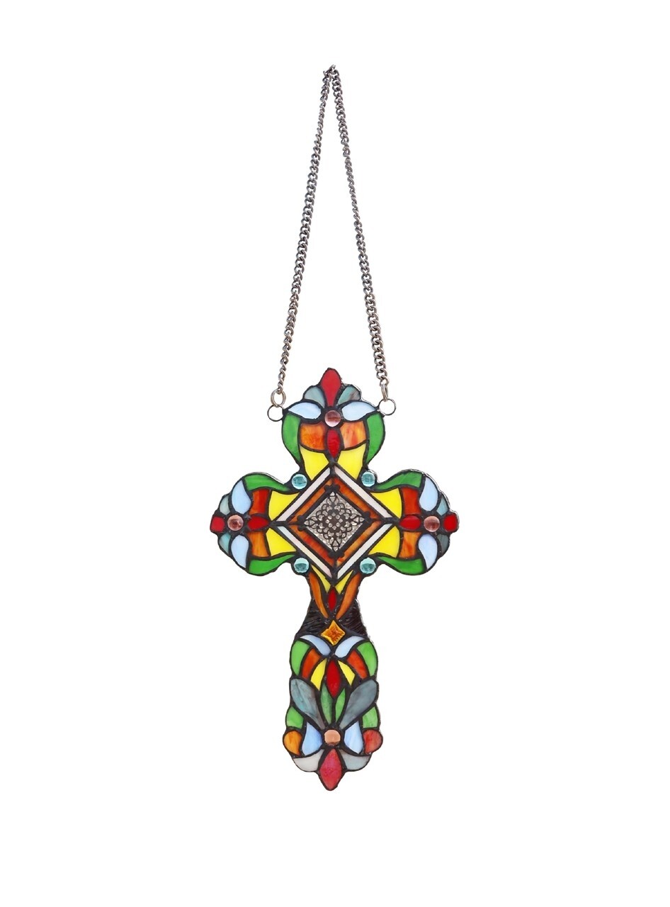 Stained Glass Cross Window Panel Suncatcher Art Glass Tiffany Style Religious